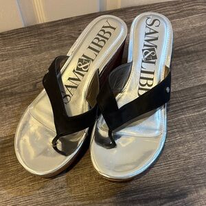 Sam & Libby Black Thong Wedge Sandals with Silver Footbed